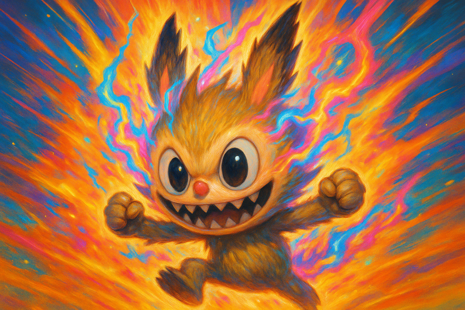 A vibrant, energetic Labubu character